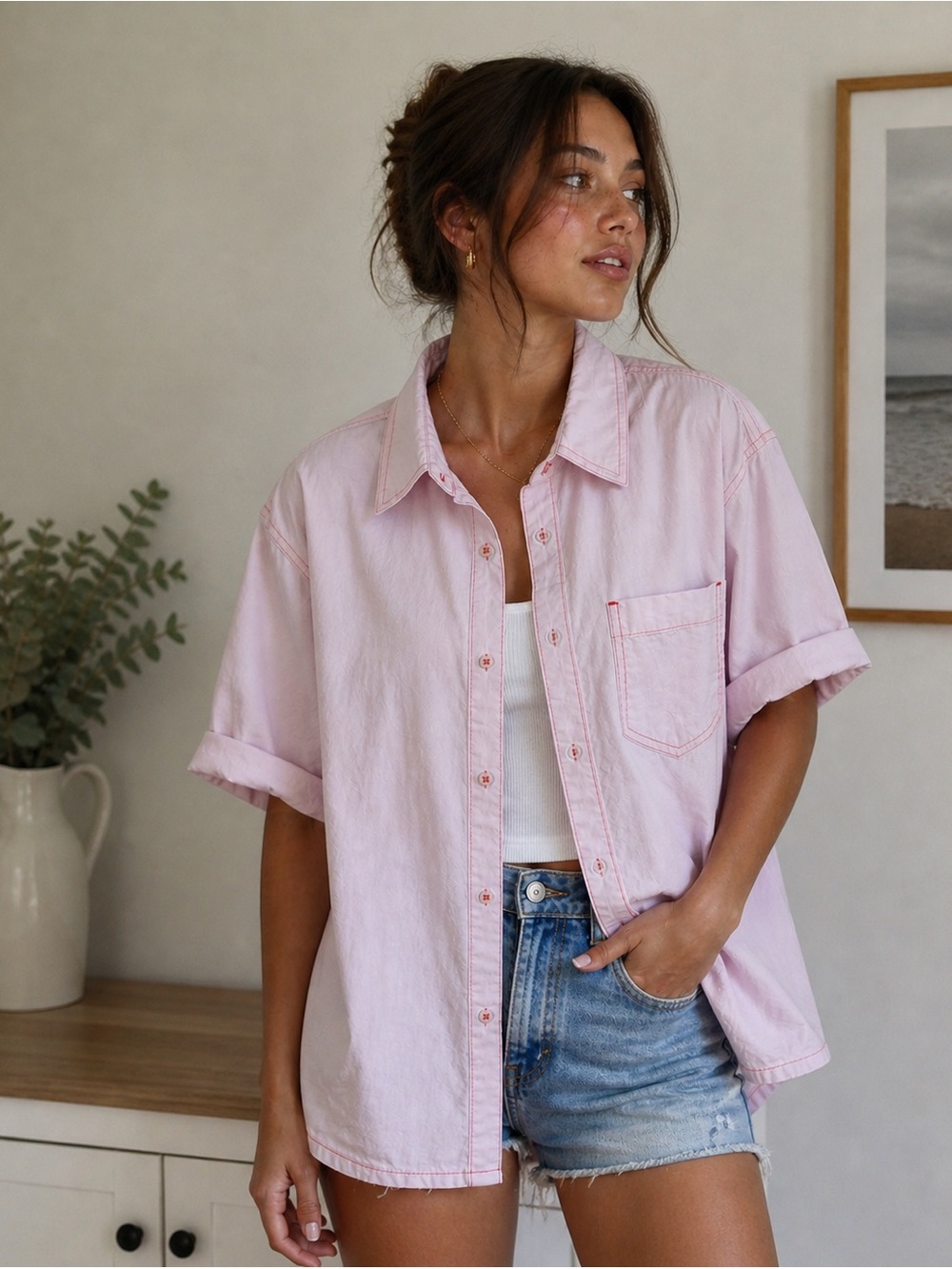 Urban Outfitters Pink Button-Up Shirt w/ Contrast Stitching | Size L